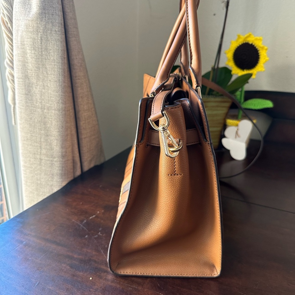 Michael Kors Brown and Tan Diagonal Stripe Leather Satchel - Picture 5 of 16